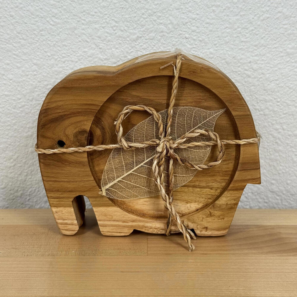 Wooden Elephant-Shaped Coaster‎ Set of 3 Leave Inlay Teak Wood NIB